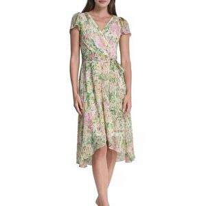 DKNY by Donna Karan Short Sleeve V-Neck Faux Wrap High Low Midi Dress size 10